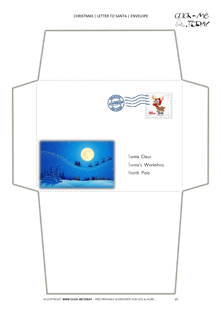 Free printable Santa envelope sleigh at night with stamp 60